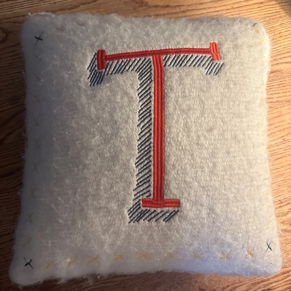 Anthropologie Decorative embroidered Pillow with Red Letter T -great kid decor - Picture 3 of 5